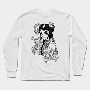 Retro manga geisha girl, black and white drawing Long Sleeve T-Shirt